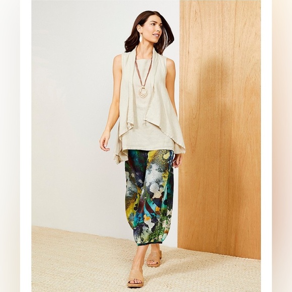 Bryn Walker Kia light linen adjustable drawstring open front vest in White small - Picture 1 of 11